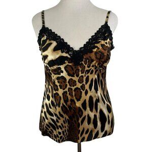 Cache Silk blend Cami Tank Top Animal Print Lace Trim Adjustable Y2K
